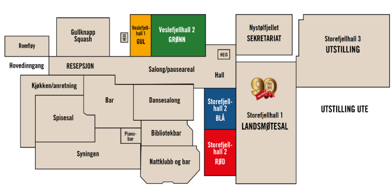 KART OVER KONFERANSEOMRÅDET: Kartet viser salene på Storefjell og hvor de ulike sesjonene under fagdagene vil finne sted. 