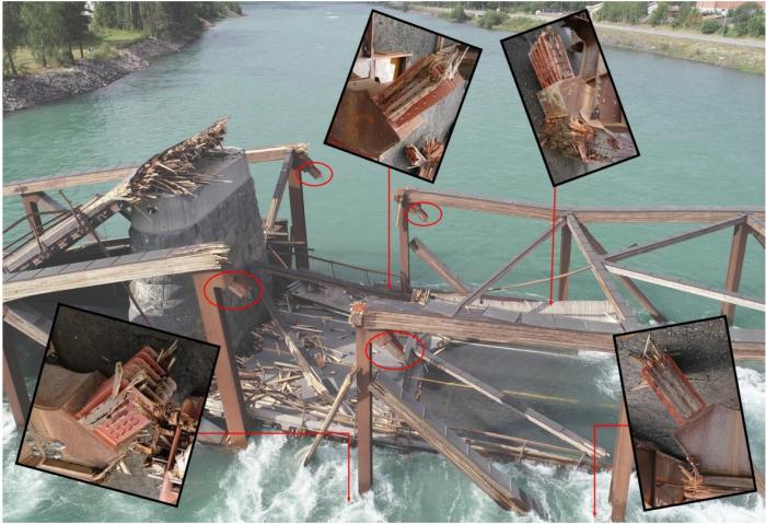 RASTE SAMMEN:  Røde ringer rundt øvre knutepunkt, og bilder av knutepunkt som lå under vann, tilknyttet diagonalene i hovedspennet inn mot vestre elvefundament (akse 2). Foto: Havarikommisjonen